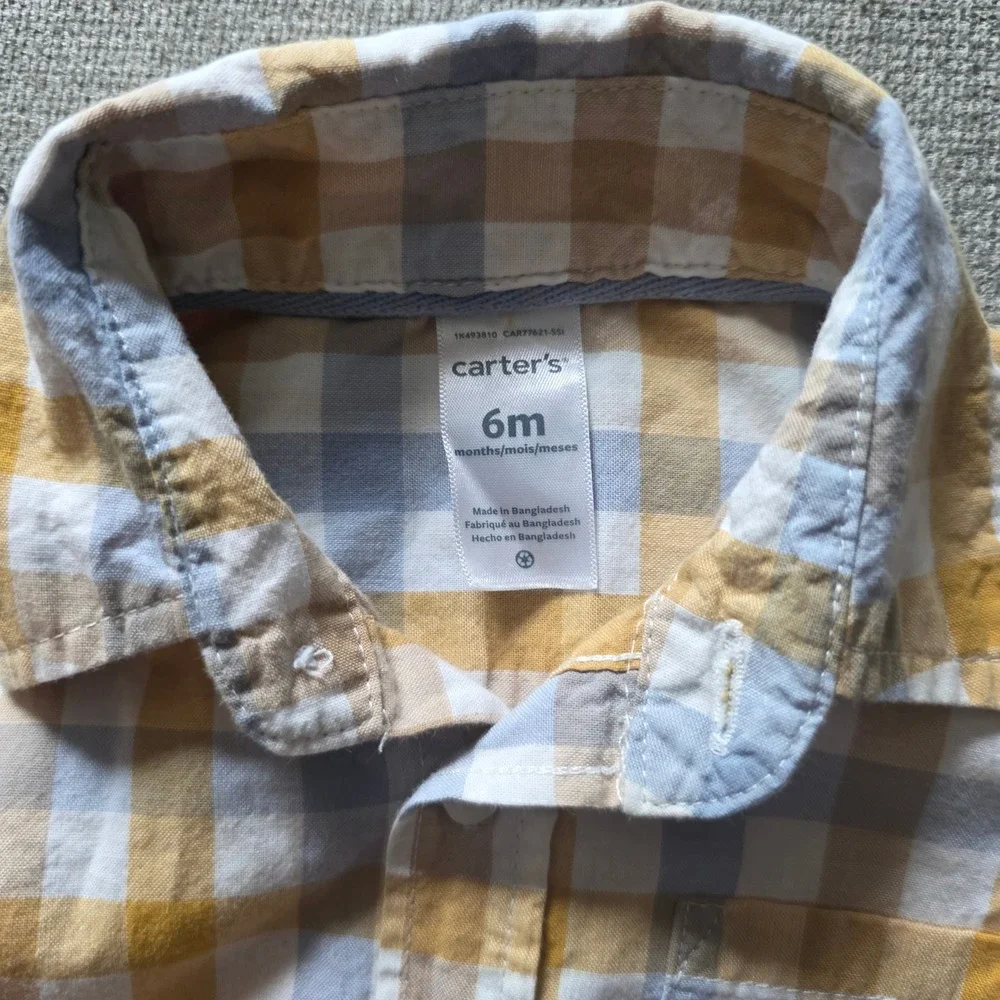 Carters Baby Boy 6M Yellow Blue Gingham‎ Plaid Button Down Bodysuit Romper Shirt